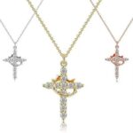 18K Gold-Plated Cubic Zirconia Cross Necklace (Women's) | Cross Pendant Necklace | Cross Earrings | Rotating Crown Cross Necklace Earrings