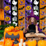 Halloween Pumpkin, Ghost, and Bat Curtain – Haunted House Themed Party Decoration & Backdrop