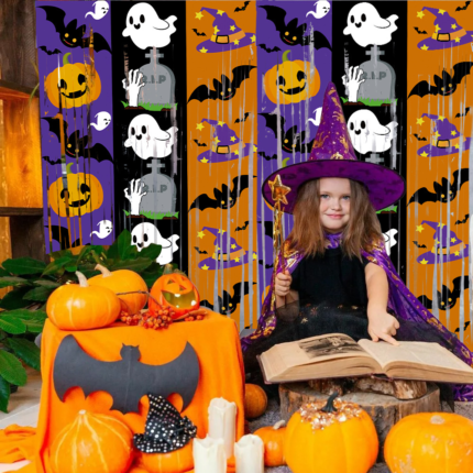 Halloween Pumpkin, Ghost, and Bat Curtain – Haunted House Themed Party Decoration & Backdrop