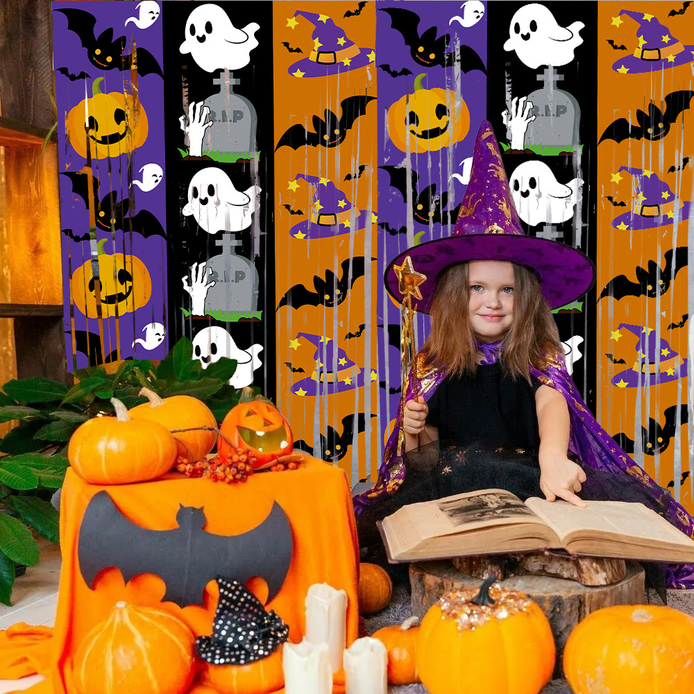 1 Halloween Pumpkin, Ghost, and Bat Curtain – Haunted House Themed Party Decoration & Backdrop - Image 1