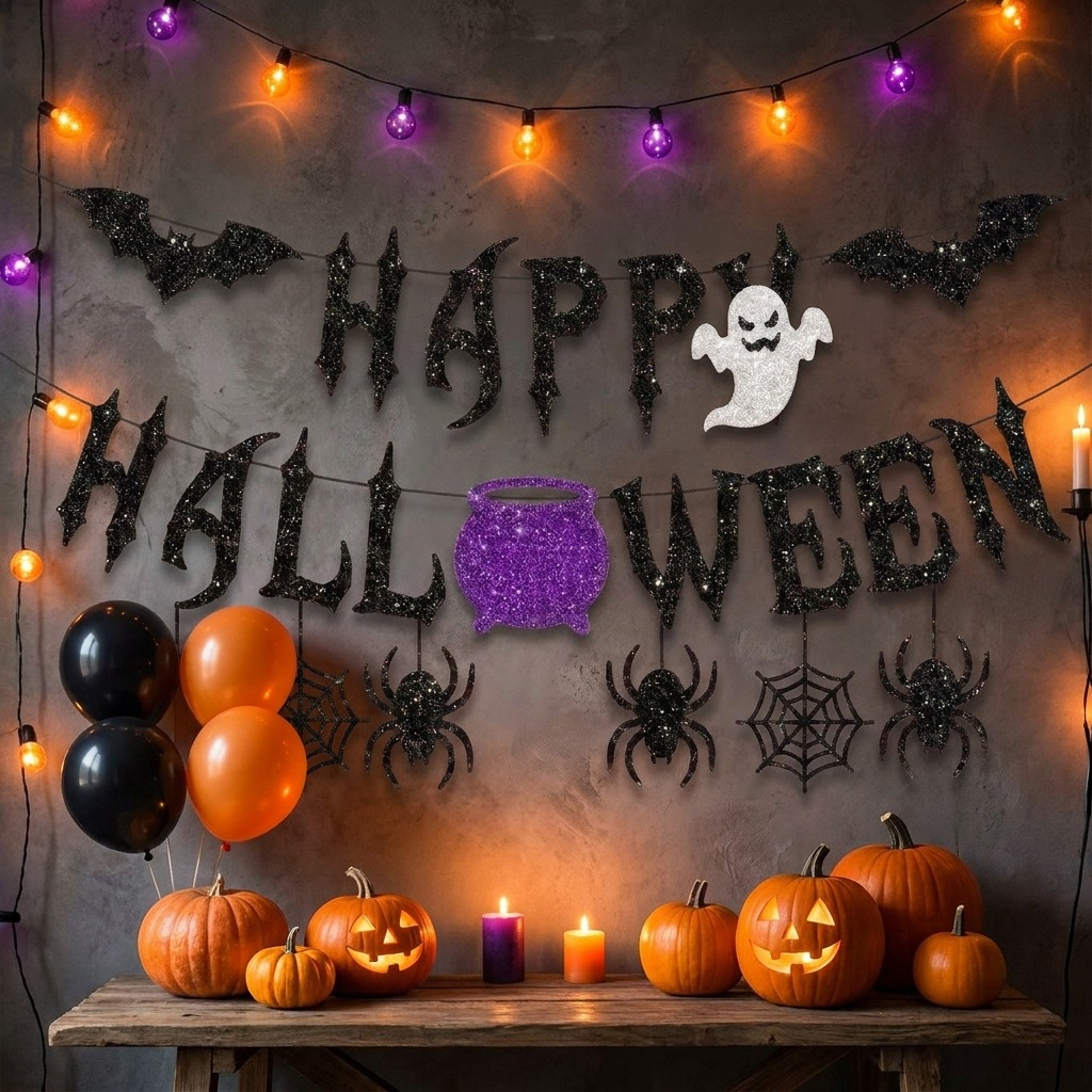 1 "Happy Halloween" Glitter Banner – Ghost, Spider, Bat, and Cauldron Party Decoration Garland - Image 1