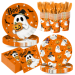 117-Piece Set (Serves 16) Cute Ghost and Pumpkin-Themed Disposable Halloween Party Tableware—Includes "Boo"-themed paper plates, cups, napkins, and cutlery; perfect for Halloween party decorations.