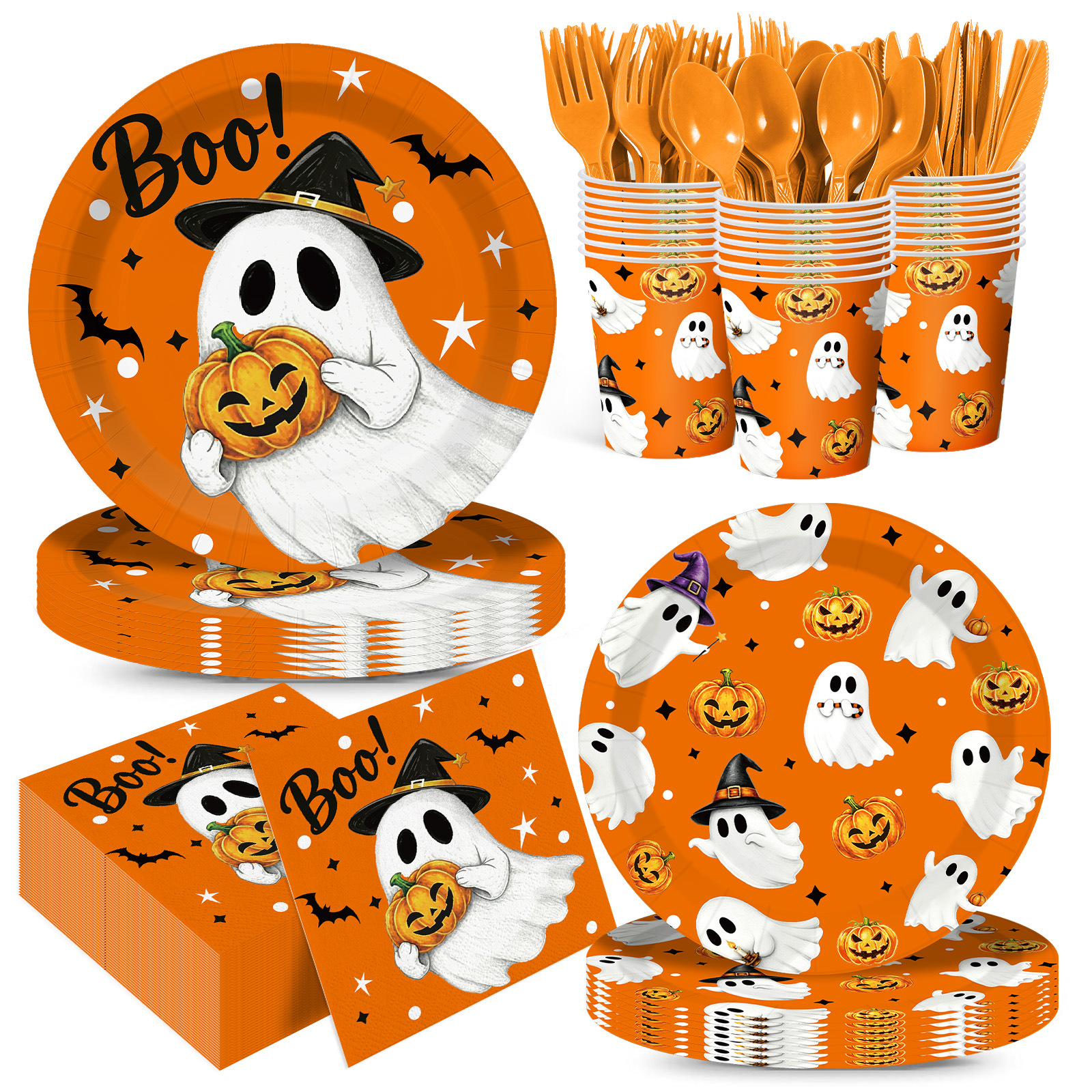 1-7.webp 117-Piece Set (Serves 16) Cute Ghost and Pumpkin-Themed Disposable Halloween Party Tableware—Includes "Boo"-themed paper plates, cups, napkins, and cutlery; perfect for Halloween party decorations. - Image 1