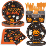 141-Piece Set (Serves 20) – Happy Halloween Disposable Party Tableware Set, Black Pumpkin Ghost Bat Paper Plates Cups Napkins Cutlery for Halloween Party Supplies Decorations