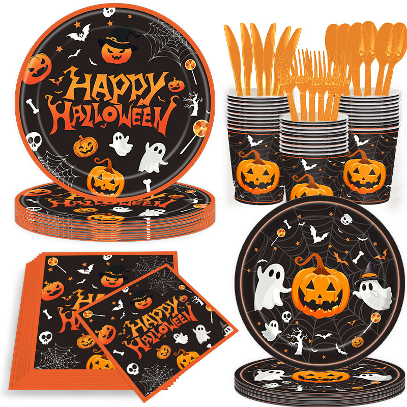 1 141-Piece Set (Serves 20) – Happy Halloween Disposable Party Tableware Set, Black Pumpkin Ghost Bat Paper Plates Cups Napkins Cutlery for Halloween Party Supplies Decorations - Image 1