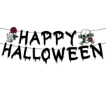 186-piece Halloween party tableware set includes 40 dinner plates (20 each of 7-inch and 9-inch sizes), 40 napkins, 20 paper cups, 20 sets of cutlery (knives, forks, spoons, and straws), plus 2 cake stands, 2 tablecloths, and 2 decorative banners. Featuring vintage-style designs with skulls, ravens, and graveyards, this disposable paper tableware set is perfect for decorating Halloween parties, haunted houses, and horror-themed events. - Image 12