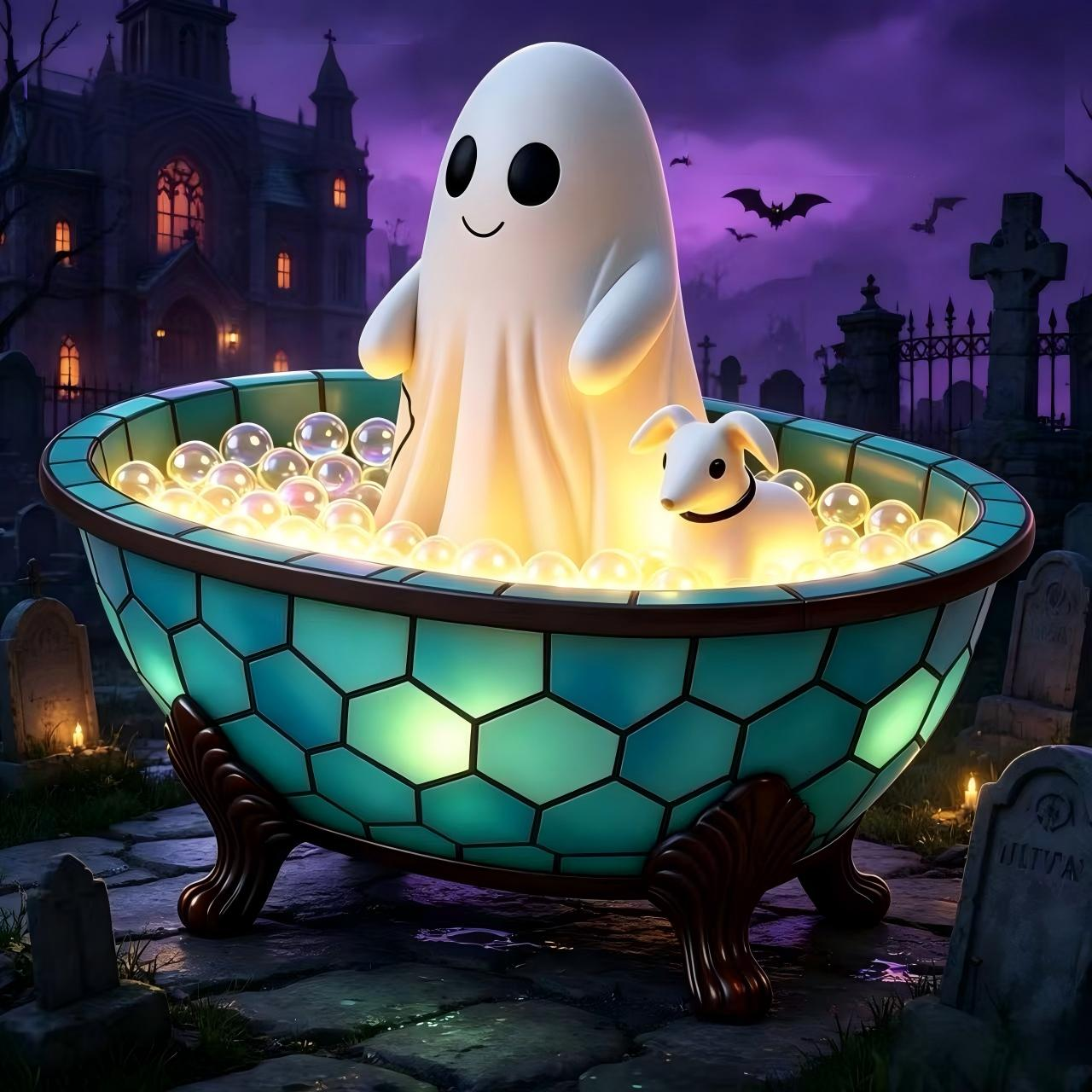 1(1) Halloween Ghost-in-Bathtub Night Light / Witch & Ghost Reading Figurine – Creative Party Decor & Gift - Image 1