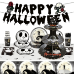 186-piece Halloween party tableware set includes 40 dinner plates (20 each of 7-inch and 9-inch sizes), 40 napkins, 20 paper cups, 20 sets of cutlery (knives, forks, spoons, and straws), plus 2 cake stands, 2 tablecloths, and 2 decorative banners. Featuring vintage-style designs with skulls, ravens, and graveyards, this disposable paper tableware set is perfect for decorating Halloween parties, haunted houses, and horror-themed events.