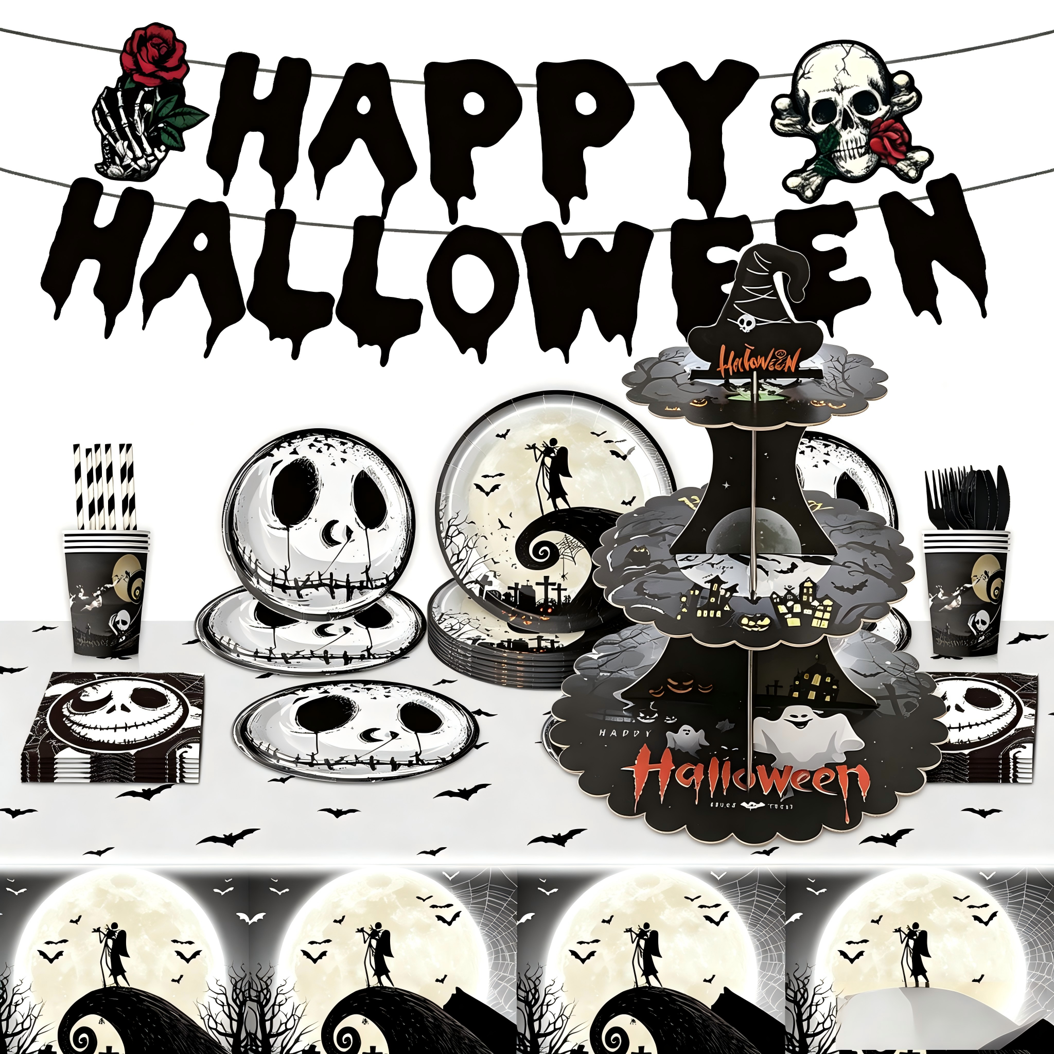 14(1) 186-piece Halloween party tableware set includes 40 dinner plates (20 each of 7-inch and 9-inch sizes), 40 napkins, 20 paper cups, 20 sets of cutlery (knives, forks, spoons, and straws), plus 2 cake stands, 2 tablecloths, and 2 decorative banners. Featuring vintage-style designs with skulls, ravens, and graveyards, this disposable paper tableware set is perfect for decorating Halloween parties, haunted houses, and horror-themed events. - Image 1