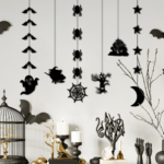 Halloween Hanging Silhouette Decorations 6 Pack, Black Felt Ornaments, Witch Ghost Spider Bat Castle Moon Star Hanging Garland for Halloween Party Decor - Image 2