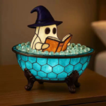 Halloween Ghost-in-Bathtub Night Light / Witch & Ghost Reading Figurine – Creative Party Decor & Gift - Image 2