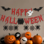 "Happy Halloween" Glitter Banner – Ghost, Spider, Bat, and Cauldron Party Decoration Garland - Image 2