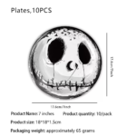 This 93-piece Halloween party tableware set includes 20 plates (ten each of 7-inch and 9-inch sizes), 20 napkins, 10 paper cups, 10 cutlery sets (knives, forks, spoons, and straws), a cake stand, a tablecloth, and a decorative banner. Featuring a vintage-style design adorned with skull, raven, and graveyard motifs, the set is ideal for decorating Halloween parties, haunted houses, and horror-themed events. - Image 3