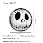 186-piece Halloween party tableware set includes 40 dinner plates (20 each of 7-inch and 9-inch sizes), 40 napkins, 20 paper cups, 20 sets of cutlery (knives, forks, spoons, and straws), plus 2 cake stands, 2 tablecloths, and 2 decorative banners. Featuring vintage-style designs with skulls, ravens, and graveyards, this disposable paper tableware set is perfect for decorating Halloween parties, haunted houses, and horror-themed events. - Image 3