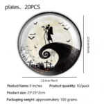 186-piece Halloween party tableware set includes 40 dinner plates (20 each of 7-inch and 9-inch sizes), 40 napkins, 20 paper cups, 20 sets of cutlery (knives, forks, spoons, and straws), plus 2 cake stands, 2 tablecloths, and 2 decorative banners. Featuring vintage-style designs with skulls, ravens, and graveyards, this disposable paper tableware set is perfect for decorating Halloween parties, haunted houses, and horror-themed events. - Image 4
