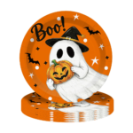 117-Piece Set (Serves 16) Cute Ghost and Pumpkin-Themed Disposable Halloween Party Tableware—Includes "Boo"-themed paper plates, cups, napkins, and cutlery; perfect for Halloween party decorations. - Image 4