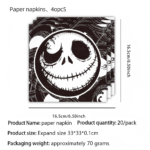 186-piece Halloween party tableware set includes 40 dinner plates (20 each of 7-inch and 9-inch sizes), 40 napkins, 20 paper cups, 20 sets of cutlery (knives, forks, spoons, and straws), plus 2 cake stands, 2 tablecloths, and 2 decorative banners. Featuring vintage-style designs with skulls, ravens, and graveyards, this disposable paper tableware set is perfect for decorating Halloween parties, haunted houses, and horror-themed events. - Image 6